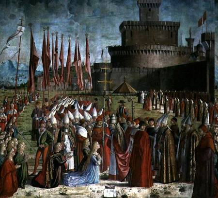 The Pilgrims Meet Pope Cyriac before the Walls of Rome, from the St. Ursula Cycle van Vittore Carpaccio
