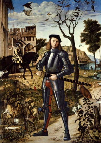 Ritter in einer Landschaft stehend. van Vittore Carpaccio