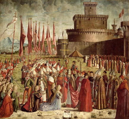 The Pilgrims Meet Pope Cyriac before the Walls of Rome, from the St. Ursula Cycle, 1498 (oil on canv van Vittore Carpaccio