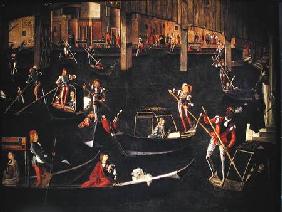 Gondoliers on the Grand Canal, detail from The Miracle of the Relic of the True Cross on the Rialto