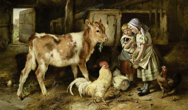 Kinder füttern ein Kalb und Hühner van Walter Hunt