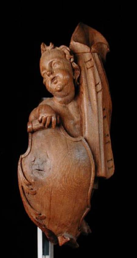 Carved putto with shield and cape van Walter Pompe