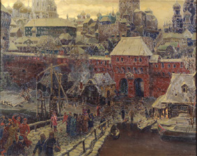 Moskau im 17. Jahrhundert. Die Moskworetzki-Brücke und das Wassertor van Apolinarij Wasnezow