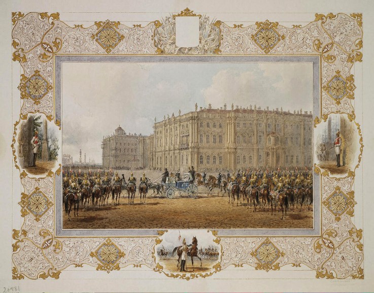 Review of the Horse-Guardsmen Regiment in Front of the Winter Palace van Wassili Sadownikow