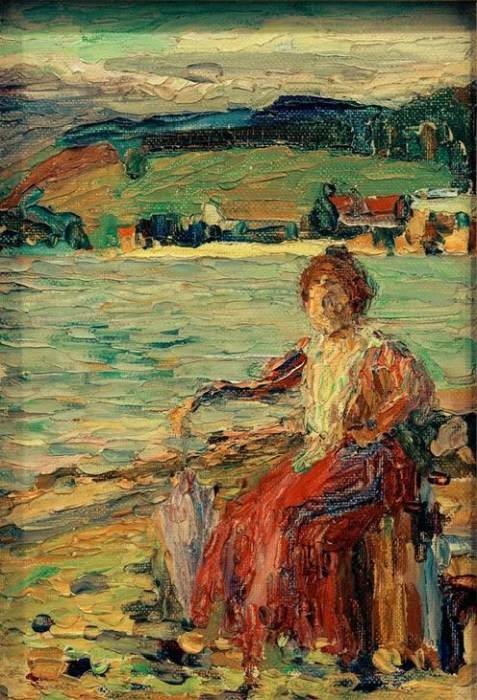 Lady in Red Dress at the Lakefront van Wassily Kandinsky