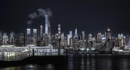 Manhattan Nocturne: Towers, River, and Clouds