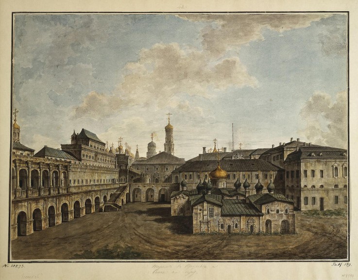 View of the Terem Palace and Church of Our Saviour in the Woods (Spas na Boru) in the Kremlin van Werkst. Alexejew