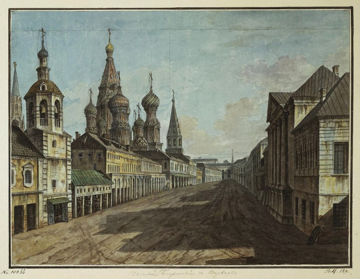 View of the Cathedral of St Basil the Blessed from Varvarka Street van Werkst. Alexejew