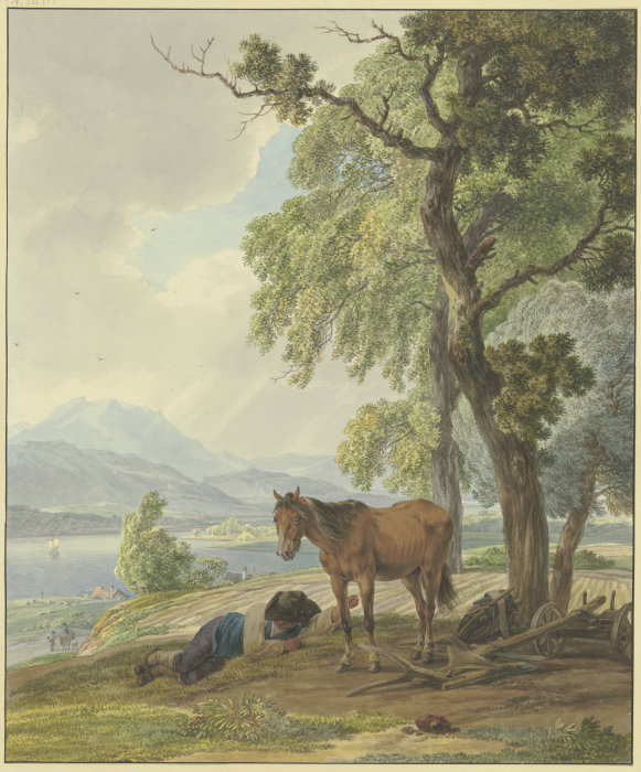 Ruhender Bauer mit seinem Pferd neben dem gepflügten Acker van Wilhelm Alexander Wolfgang von Kobell
