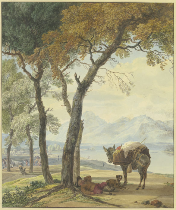 Schlafender Eseltreiber unter einer Baum an einem See van Wilhelm Alexander Wolfgang von Kobell