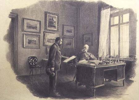 Emperor Franz Joseph I of Austria (1830-1916) at his writing desk at Jagdrock (pencil) van Wilhelm Gause