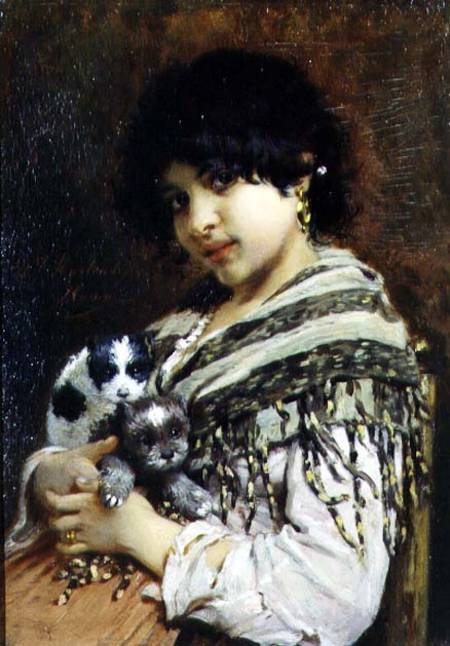 Gypsy Girl with Two Puppies van Wilhelm Johannes Maertens