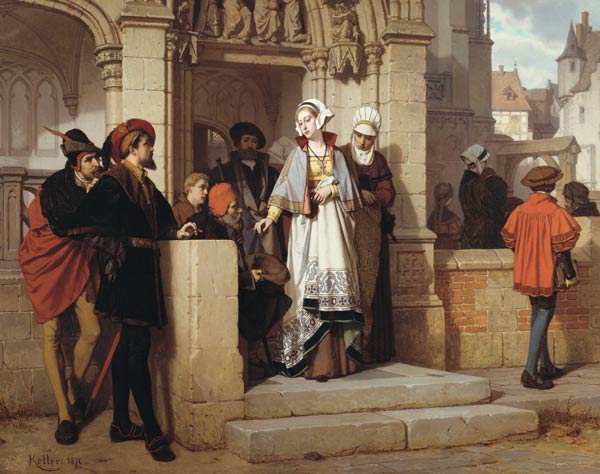 Faust und Mephistopheles warten an der Kirchentür auf Gretchen van Wilhelm Koller