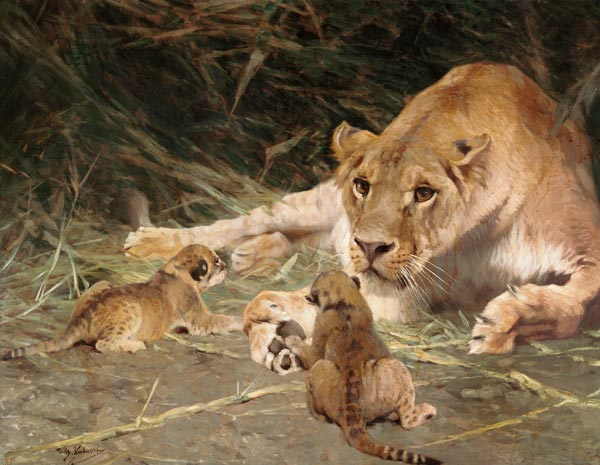 A Lioness and Her Cubs van Wilhelm Kuhnert