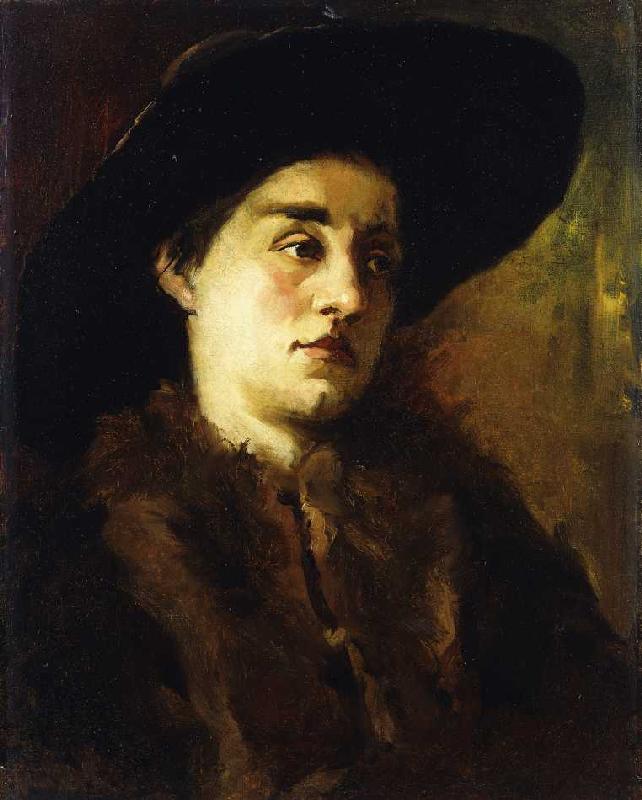 Bildnis einer Dame mit Pelzkragen und schwarzem Hut. van Wilhelm Trübner