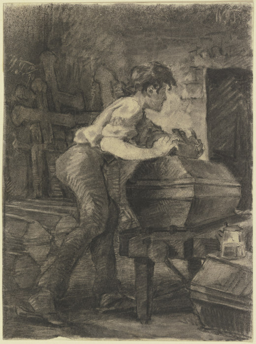 Ein junger Schreiner hobelt in der Werkstatt an einem Sarg van Wilhelm Trübner
