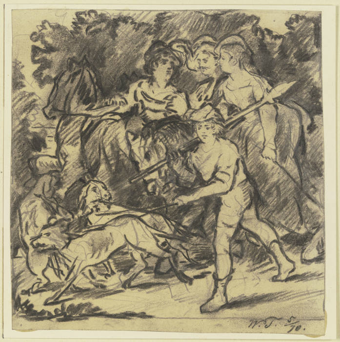 Zwei Edelfräulein und ein Knappe reiten auf die Jagd, dabei Bursche und Rüden van Wilhelm Trübner