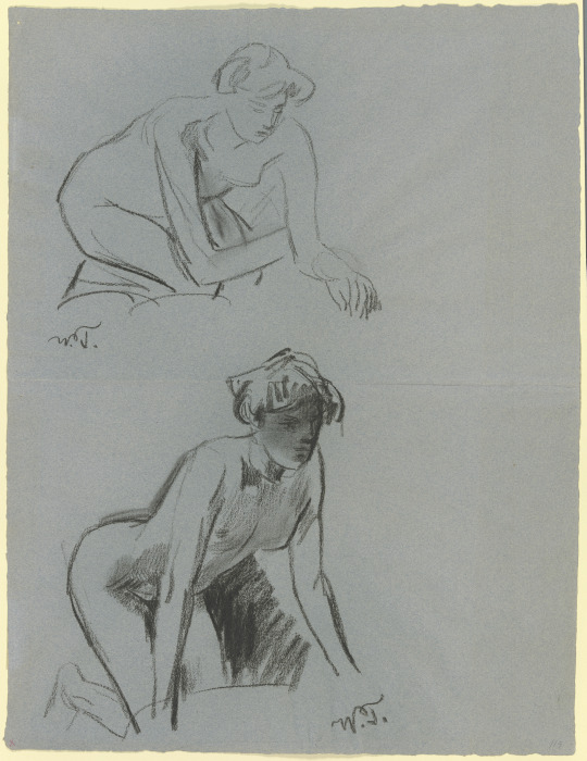 Zwei weibliche Akte, kauernd und kniend van Wilhelm Trübner