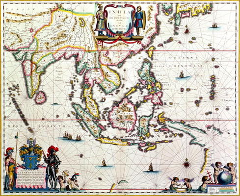 India Quae Orientalis Dicitur, Et Insulae Adiacentes, map showing South-East Asia and The East Indie van Willem Blaeu