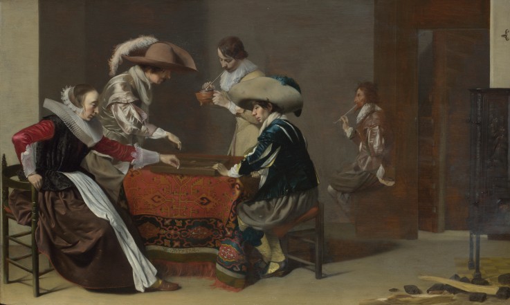 Two Men playing Tric-trac, with a Woman scoring van Willem Cornelisz Duyster