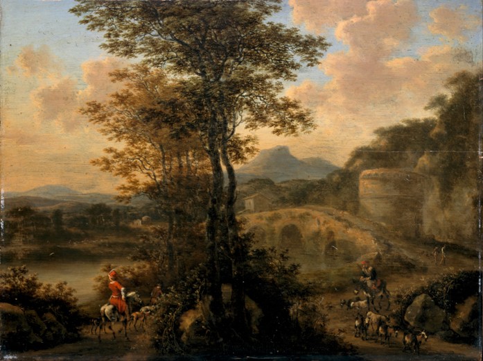 Italian River Landscape with Stone Bridge van Willem de Heusch