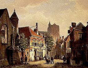 Straatbeeld in Rotterdam met de St. Laurenskerk van Willem Koekkoek