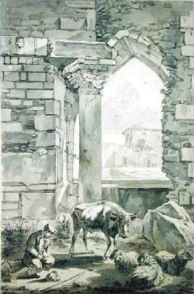 Shepherd with a cow and sheep in a ruin