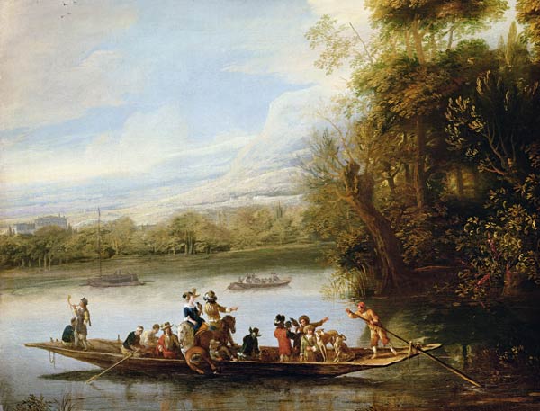 A landscape with a crowded ferry crossing the water in the foreground van Willem Schellinks
