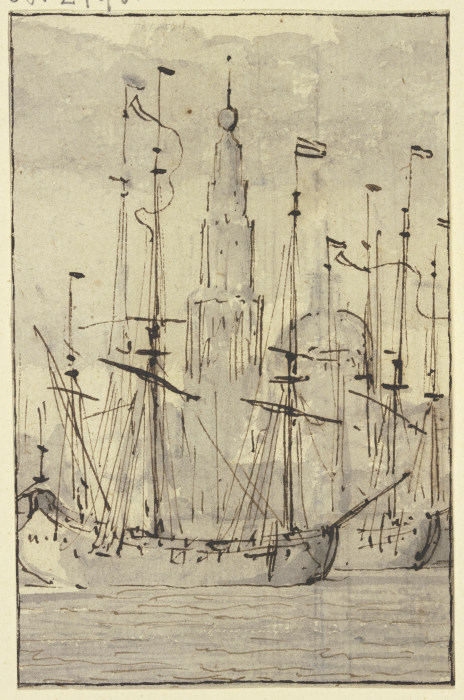 Schiffe, vor einer Kirche liegend van Willem van de Velde d. J.