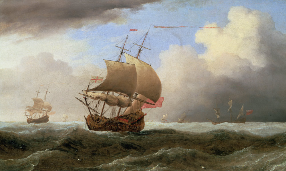 An English Ship Close-hauled in a Strong Breeze van Willem van de Velde d.J.