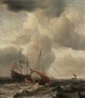 Stormachtige zee met schepen Willem van der Velde