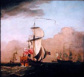 The Second Duke of Albemarle's Ketch with a yacht to the left and three warships in the distance to