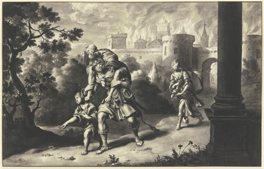 Aeneas rettet Anchises aus dem brennenden Troja van Willem van Mieris