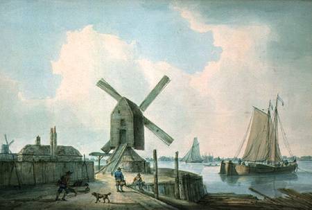 A Shore Scene with Windmills and Shipping van William Anderson