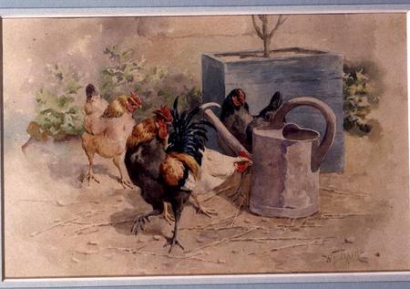 Chickens by a Watering Can (w/c with bodycolour on paper) van William Baptiste Baird