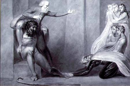 Tiriel, borne back to the Palace on the Shoulders of his Brother Ijim, addressing his five Daughters van William Blake