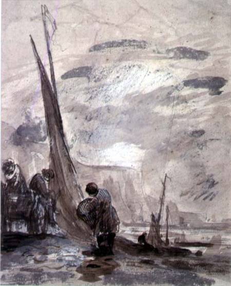 Figures with Cart and Boats on the shore, near cliffs van William Collins