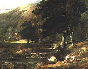 Borrowdale, Cumberland, with Children Playing By A Stream