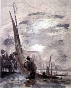 Figures with Cart and Boats on the shore, near cliffs