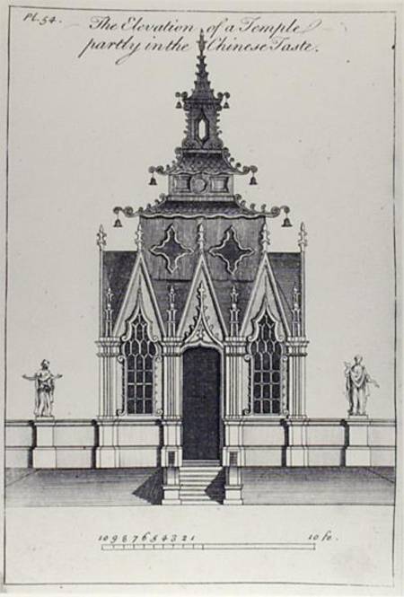 The Elevation of a temple partly in the Chinese Taste, from 'New Designs for Chinese Temples' van William Halfpenny