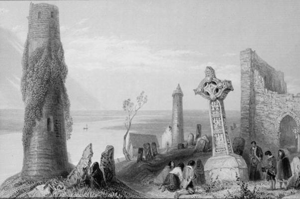 The Ancient Cross and Round Tower at Clonmacnois, County Offaly, Ireland, from 'Scenery and Antiquit van William Henry Bartlett