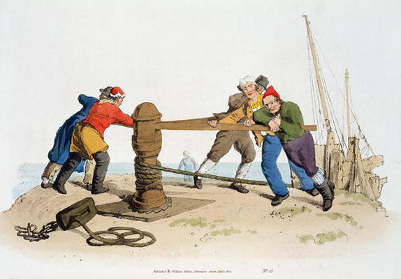 Fishermen at a Capstan, from 'Costume of Great Britain', published by William Miller, 1805 (colour l van William Henry Pyne