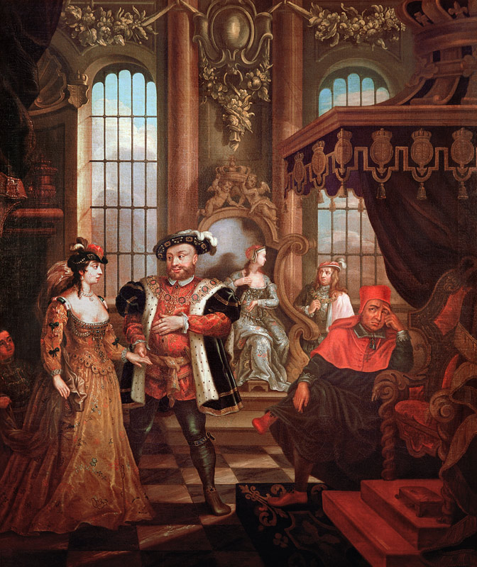 Henry VIII (1491-1547) introducing Anne Boleyn at court van William Hogarth