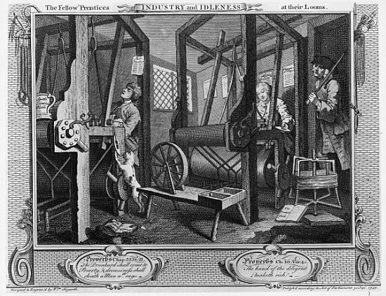 The Fellow ''Prentices at their Looms, plate I of ''Industry and Idleness'' van William Hogarth