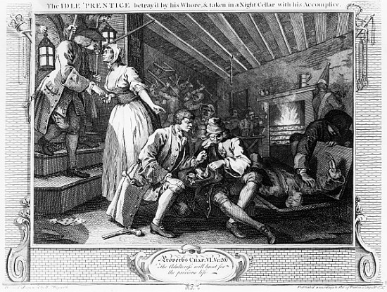 The Idle ''Prentice Betrayed by a Prostitute, plate IX of ''Industry and Idleness'' van William Hogarth
