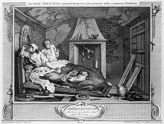 The Idle ''Prentice Returned from Sea, and in a Garret with a common Prostitute'', plate VII of ''In van William Hogarth
