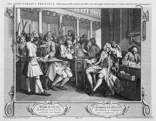 The Industrious ''Prentice Alderman of London, the Idle one Impeach''d Before Him his Accomplice, pl van William Hogarth