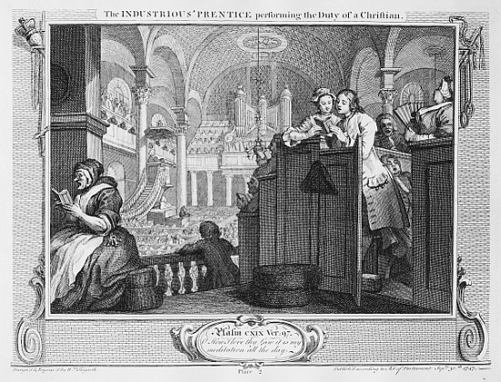 The Industrious ''Prentice Performing the Duty of a Christian, plate II of ''Industry and Idleness'' van William Hogarth