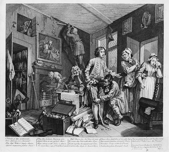 The Young Heir Takes Possession of the Miser''s Effects, plate I from ''A Rake''s Progress'' van William Hogarth