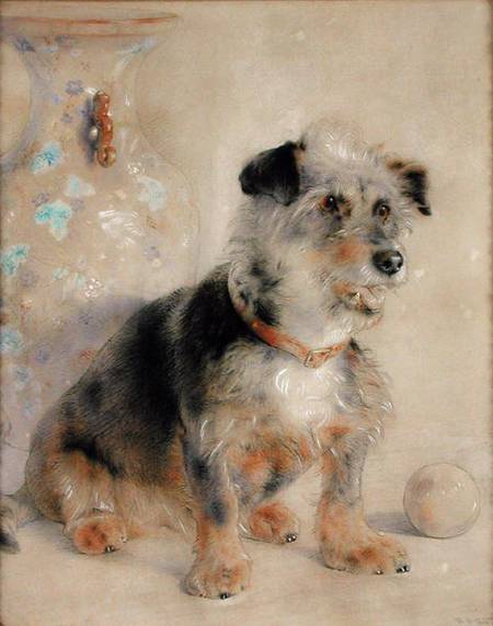 Terrier seated before a Canton Famille Rose Vase van William Huggins